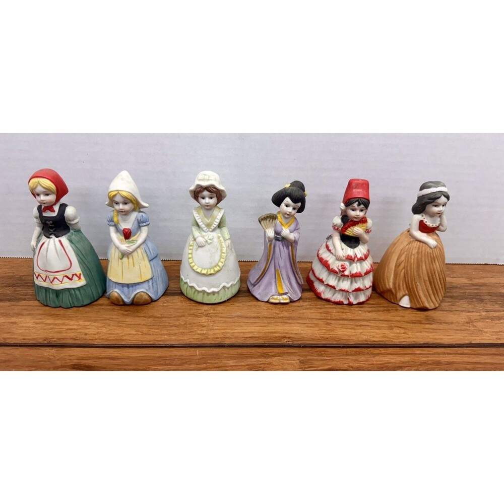 Set Of 6 Bisque 1960s JSNY TAIWAN Girls Of  World Bells Irish Hawaii Japan Etc